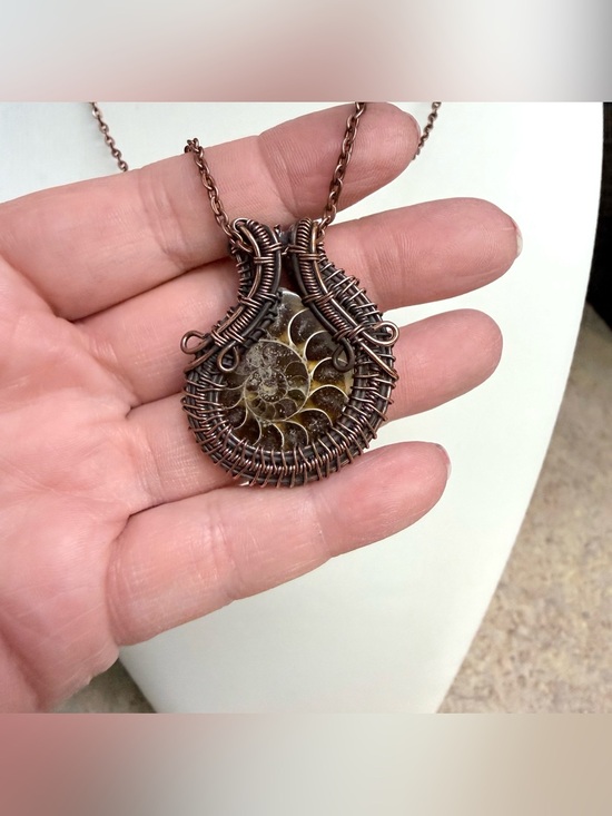 Hand Crafted Jewelry - Hand crafted wire wrapped ammonite natural fossil pendant